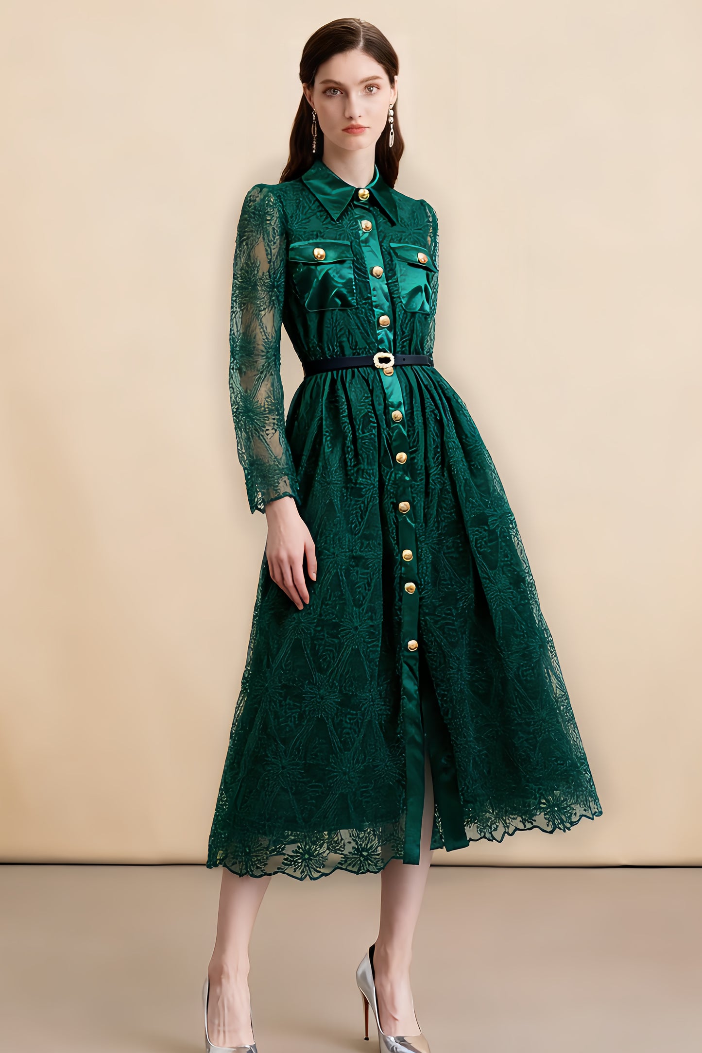 Women's Long Sleeve Lace Silk Patchwork Midi Dress - LAI MENG FIVE CATS