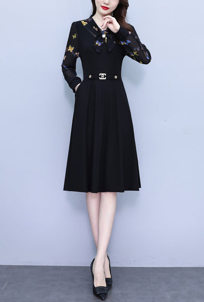 Women's Elegant Tie Neck Long Sleeve Black Dress