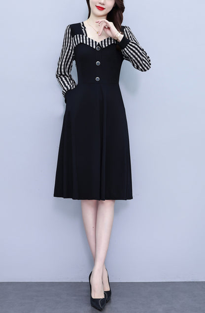 Women's Square Collar Long Sleeve Black Dress with Pocket - LAI MENG FIVE CATS