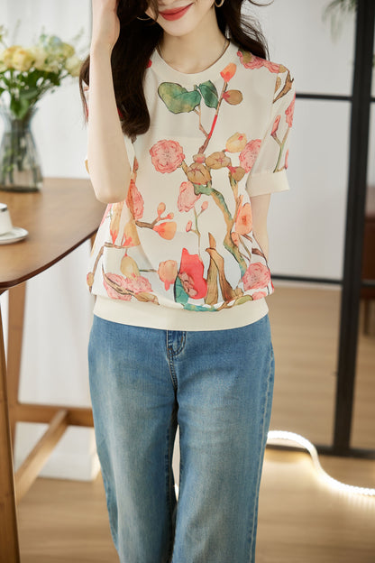 Women's Casual T-Shirts Print Round Neck 3/4 Sleeves Tunic Tops