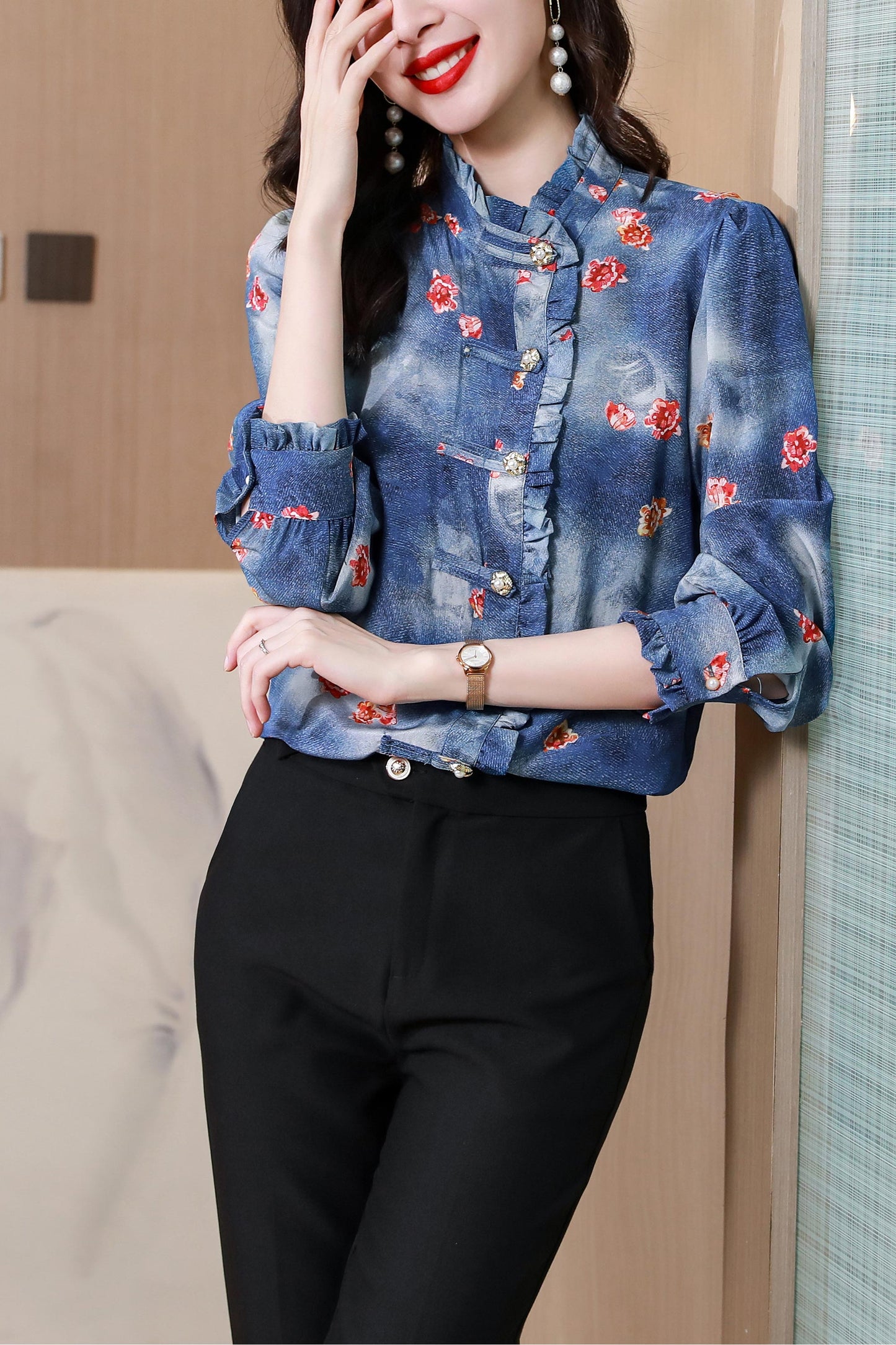 Women's Satin Blouse Chinese style Button Casual Tops