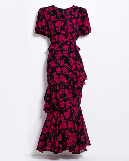 LAI MENG FIVE CATS Floral Chiffon Ruffle Maxi Dress - LAI MENG FIVE CATS