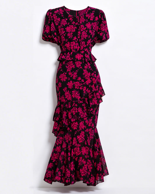 LAI MENG FIVE CATS Floral Chiffon Ruffle Maxi Dress