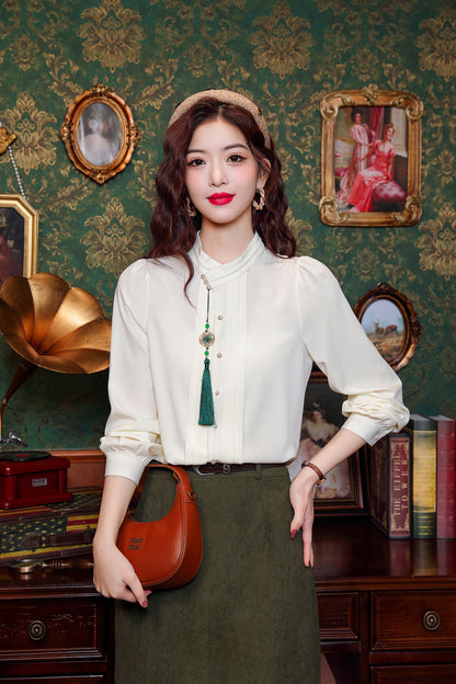 Women's Silk Satin Embroidery Jacquard Blouses - LAI MENG FIVE CATS