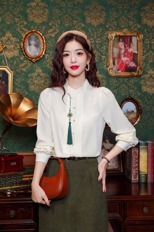 Women's Silk Satin Embroidery Jacquard Blouses - LAI MENG FIVE CATS