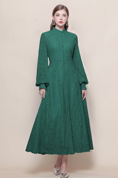 Women's Lace Mandarin Collar High Waist Maxi Dress - LAI MENG FIVE CATS