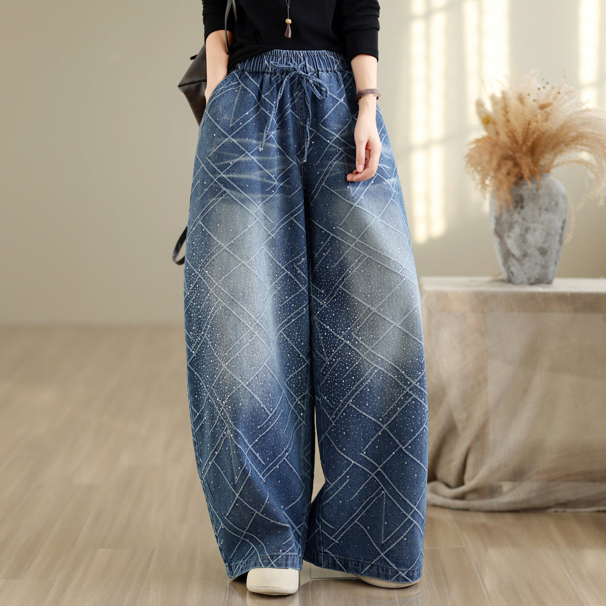 28672-Denim Wide Leg Pants with Diamond Lattice Print & Drawstring Waist