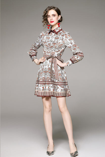 SSY-Women's Long Sleeve Lapel Collar Floral Mini Dress