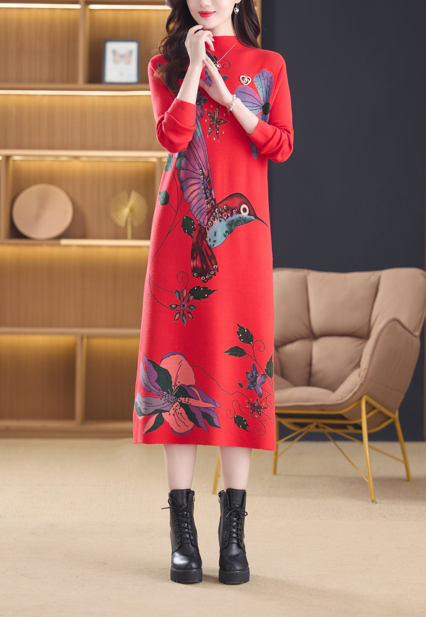 Women's Turtleneck Sweater Long Sleeve Red Dress