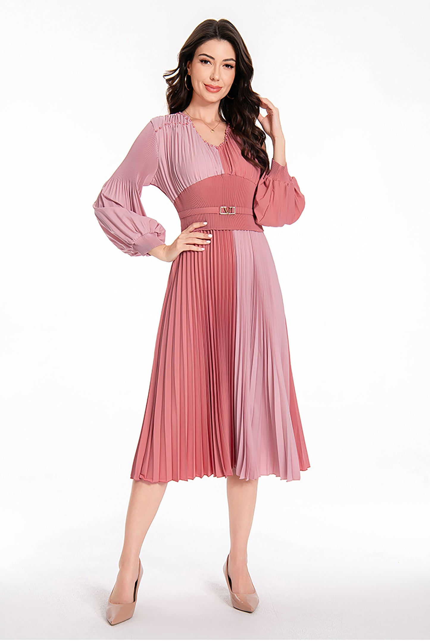 Women's Puff Sleeves V-Neck Solid Color Pleated Dress