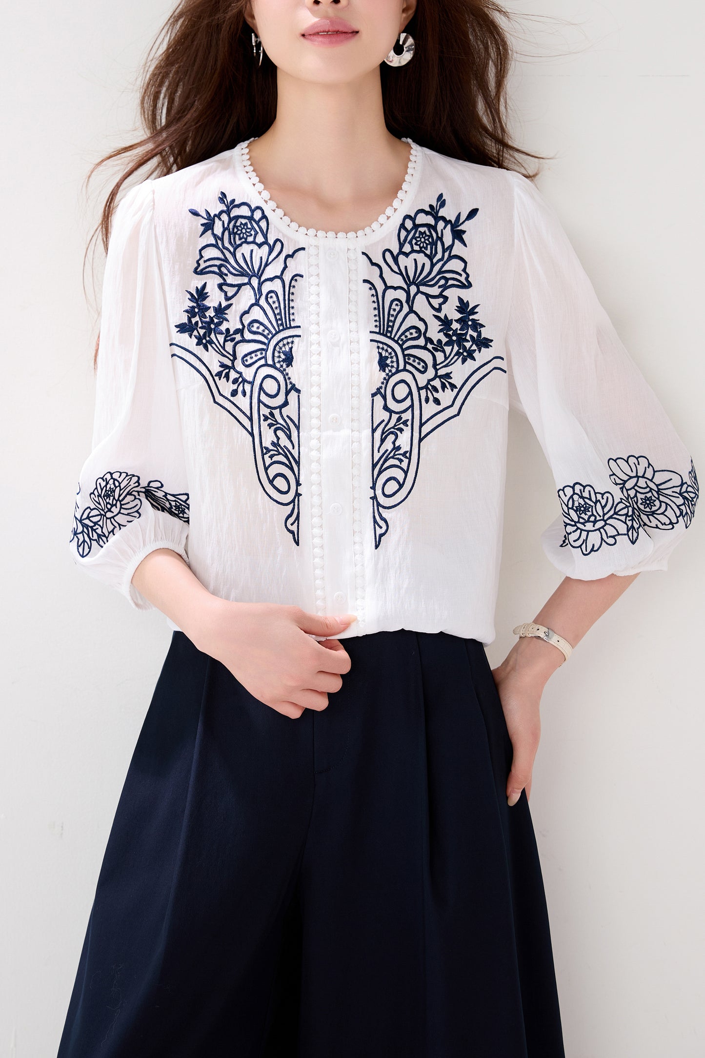 Casual Chic Boho Floral Embroidered 3/4 Sleeve Summer Blouse