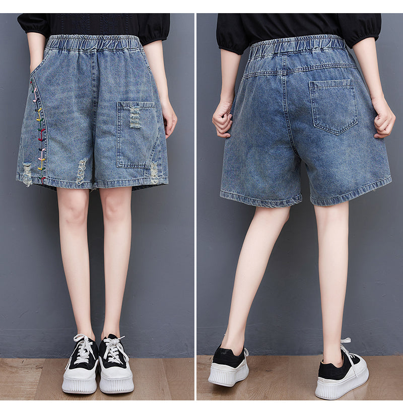 Women's Baggy Pull On Jeans Ripped Denim Shorts - LAI MENG FIVE CATS