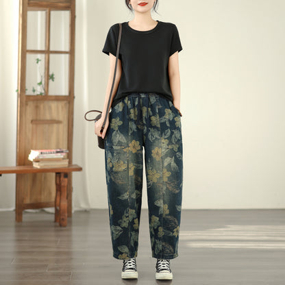 Women's Baggy Jeans Drawstring Elastic Barrel Denim Pants