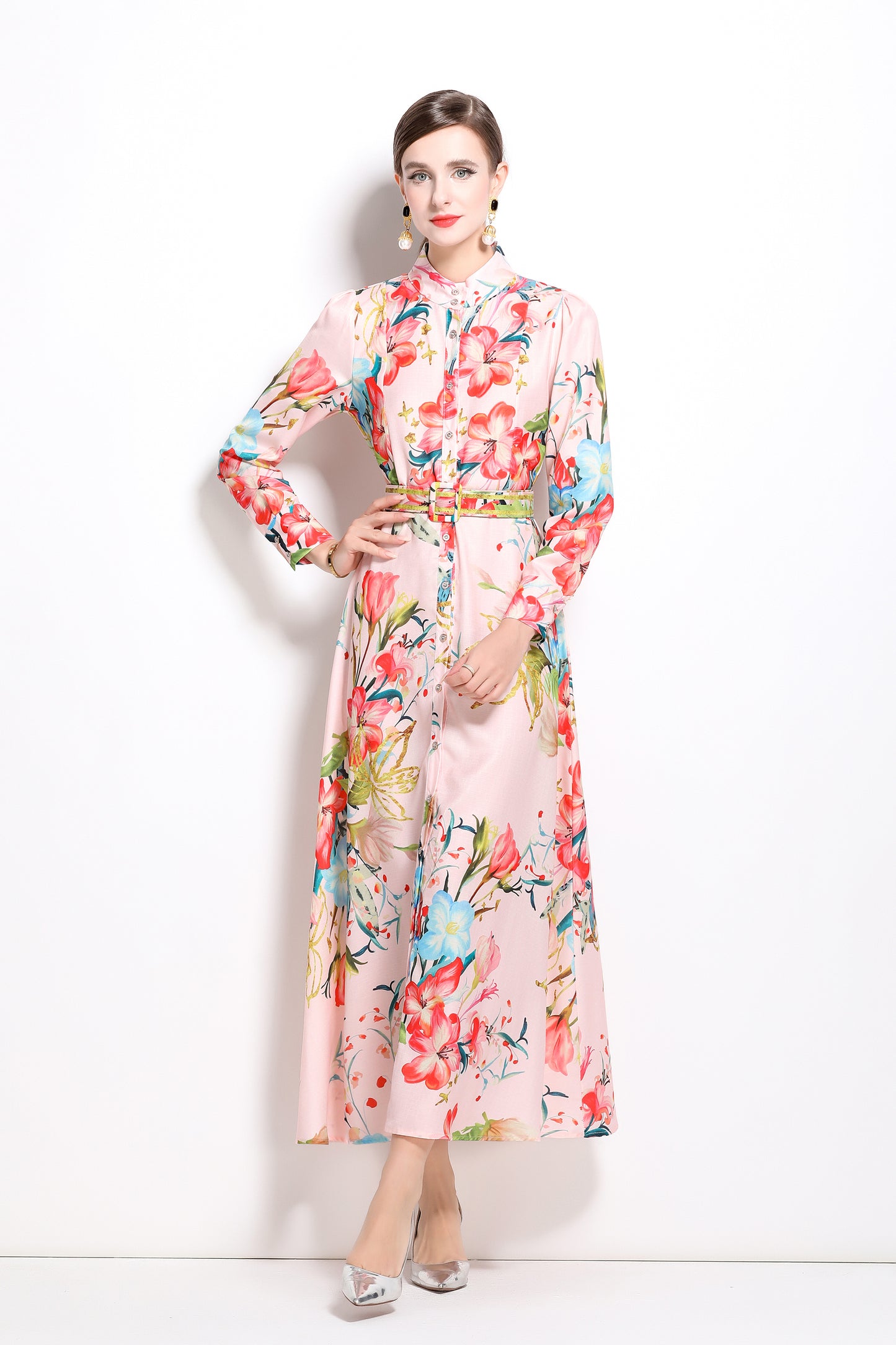 FSY-Women's Floral Print Long Sleeve Button Loose Maxi Dress