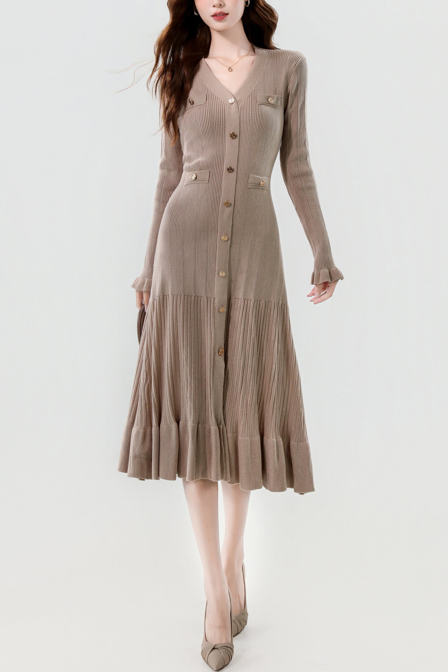 Women's V-Neck Sweater Knit Fishtail Hem Midi Dress