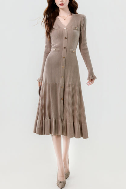 Women's V-Neck Sweater Knit Fishtail Hem Midi Dress