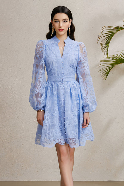 Women's V-Neck Lace Lantern Sleeve Pleated Mini Dress