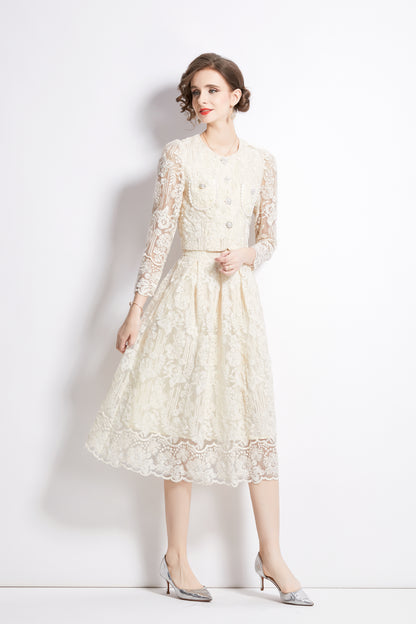 2 Pieces Chiffon Lace Button Midi Dress