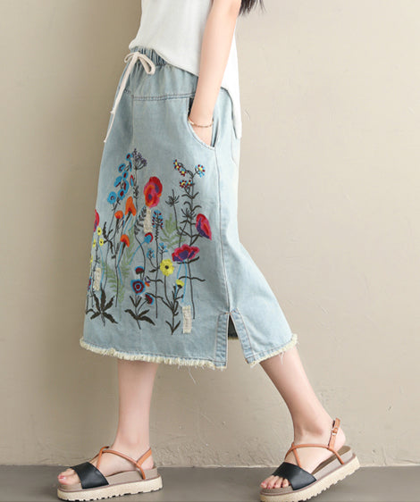 Embroidered Floral Denim Midi Skirt