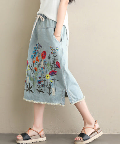 Embroidered Floral Denim Midi Skirt
