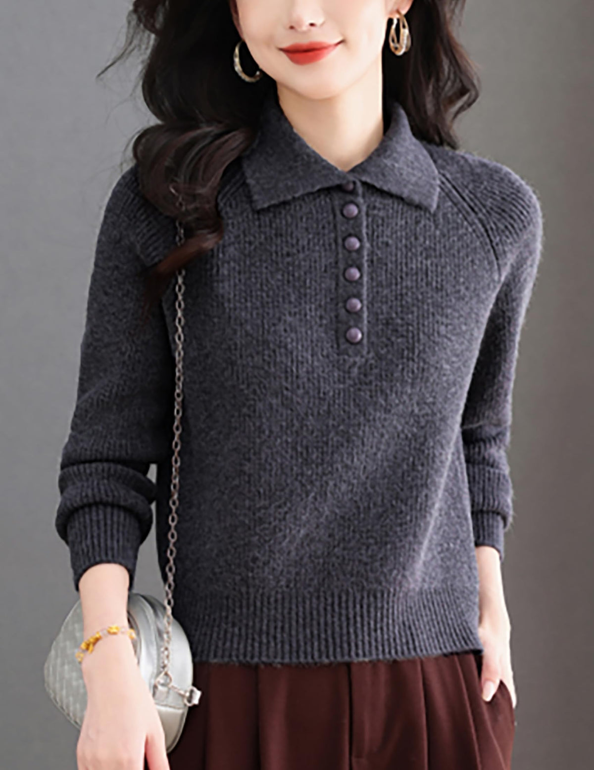 Women's Ribbed Knit Polo Top — Soft Button-Front Sweater