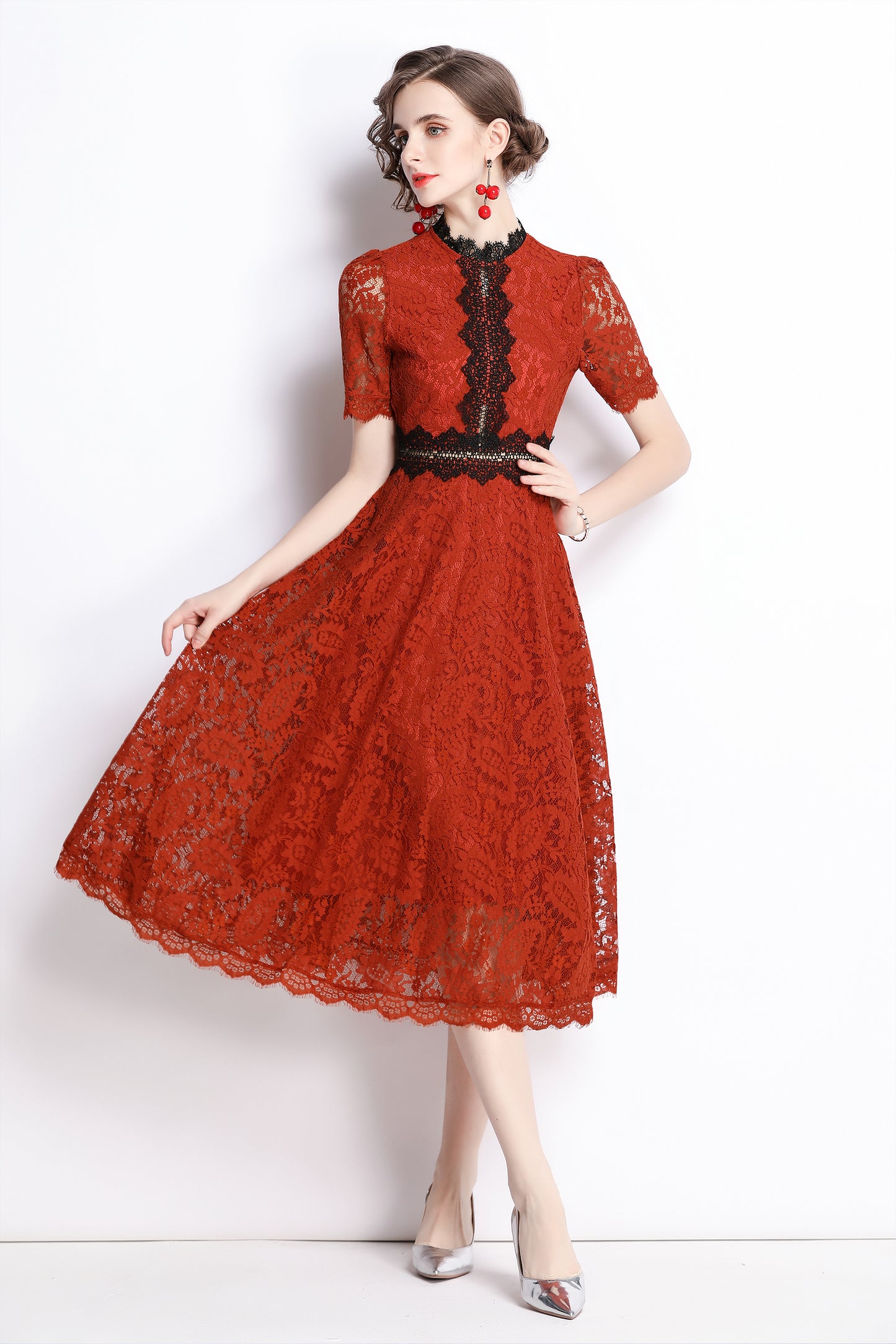 Women's Short Sleeve Floral Lace Cocktail Party Midi Dress