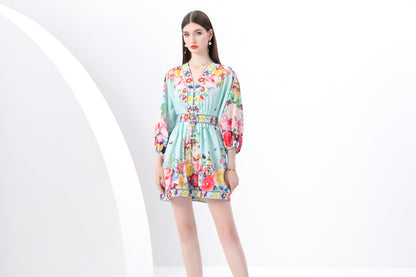 Women's V-Neck Floral Print Lantern Sleeve Mini Dress