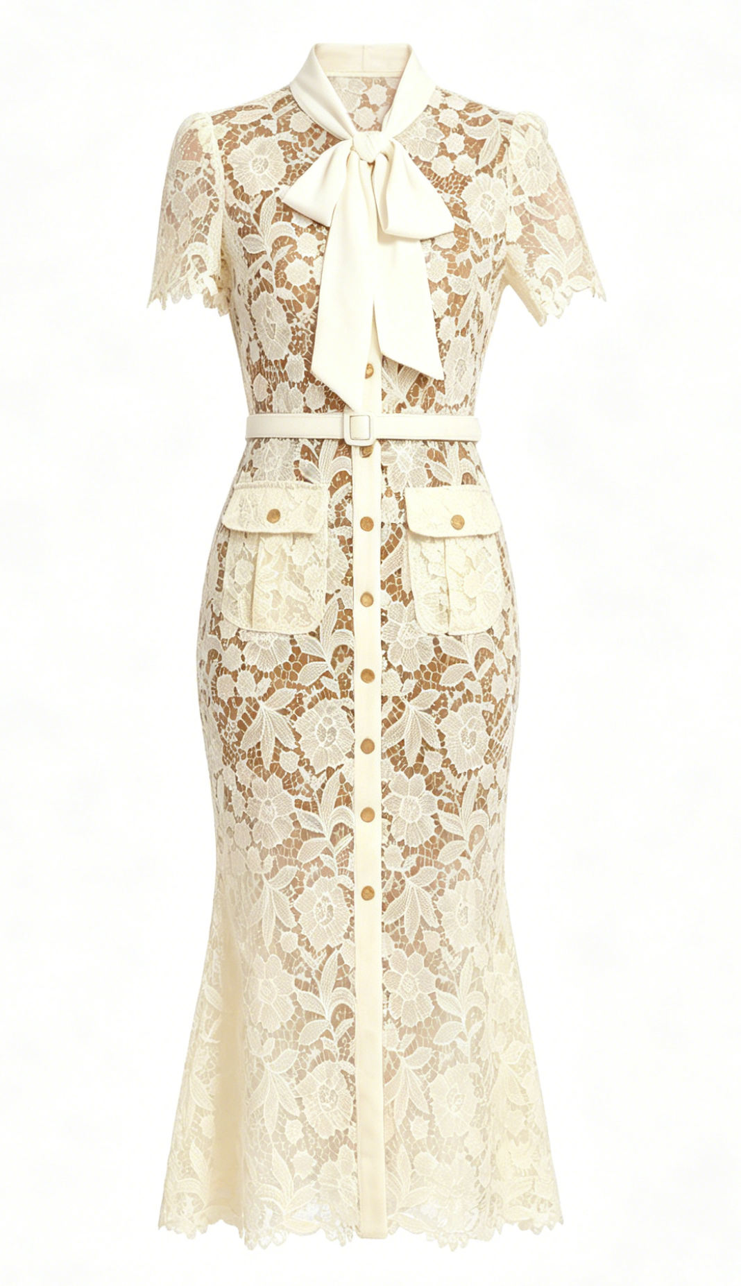 Butter Yellow Tie Neck Lace Button Up Midi Dress LAI MENG FIVE CATS Butter Yellow Tie Neck Lace Button Up Midi Dress LAI MENG FIVE CATS