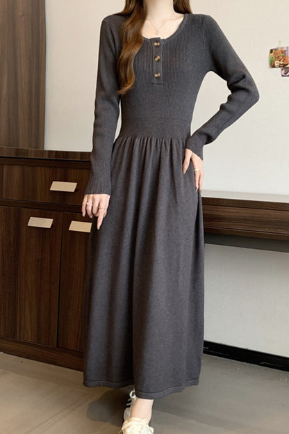 Women's Long Sleeve Button A Line Ribbed Knit Maxi Dress