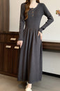Women's Long Sleeve Button A Line Ribbed Knit Maxi Dress