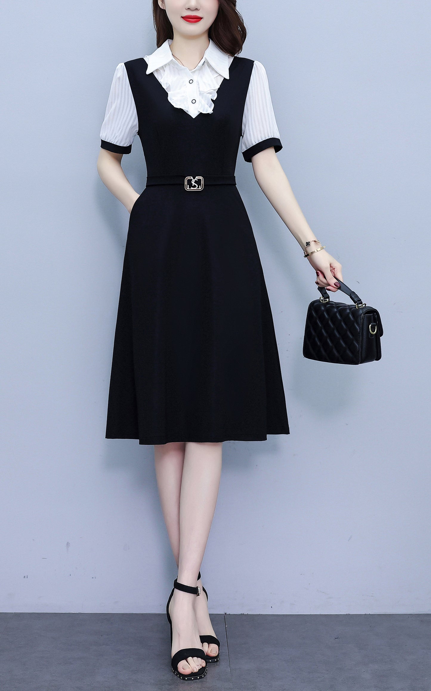 Women's Lapel V-Neck Pocket Short Sleeve Midi Dress - LAI MENG FIVE CATS
