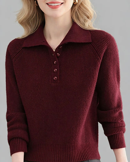 Women's Ribbed Knit Polo Top — Soft Button-Front Sweater