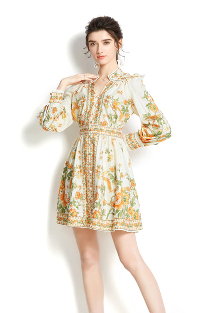 Women's Floral Print Button up Lantern Sleeve Casual A-line Mini Dress