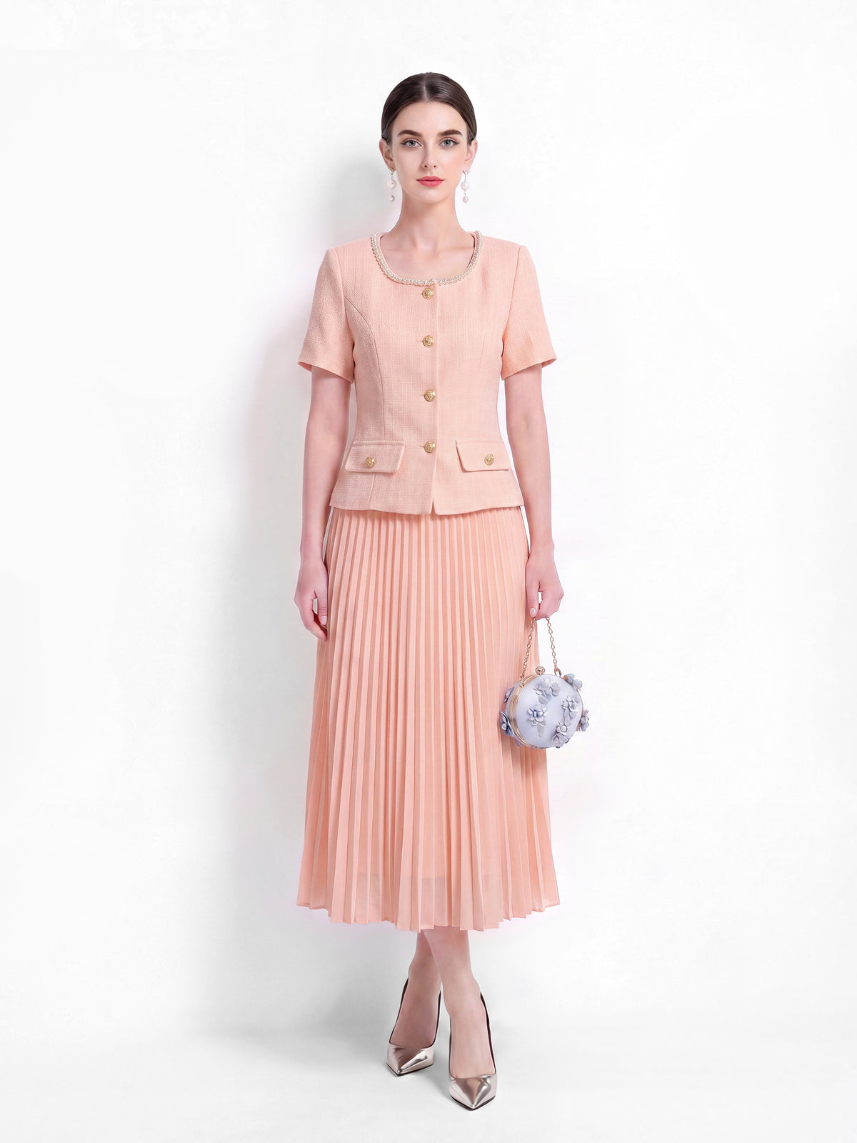 28664-Pearl-Trim Long Sleeve Elegant Pleated Skirt Set