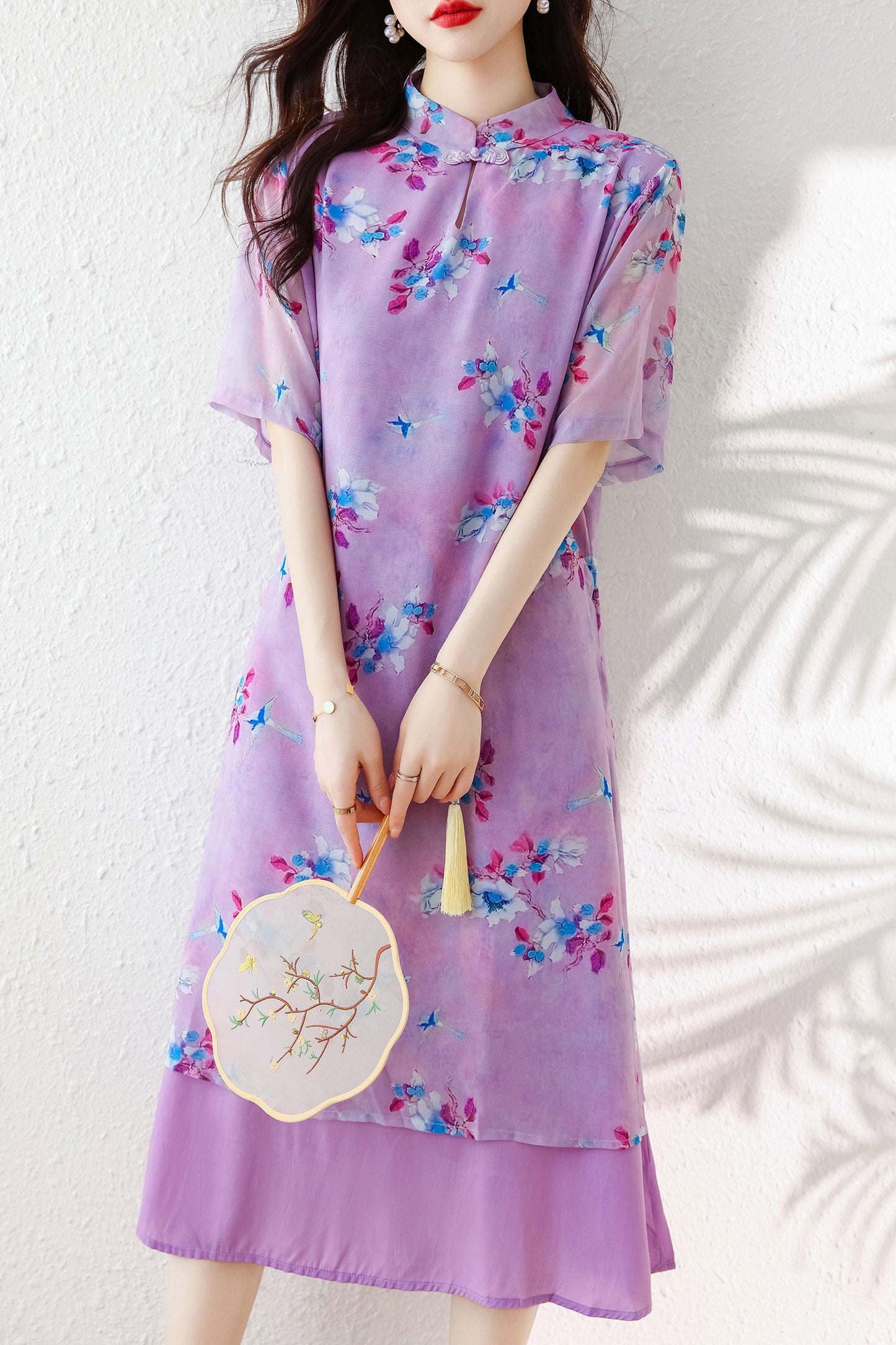 Purple Floral Cheongsam Fake Two Pieces Dress