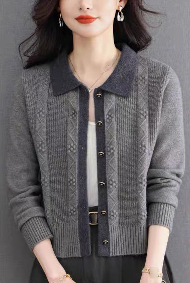 Vintage Contrast Collar Cable Knit Cardigan | Textured Button Crop Sweater