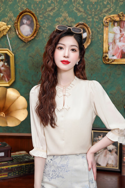 Women's Chinese Style Jacquard Short Sleeve Blouse
