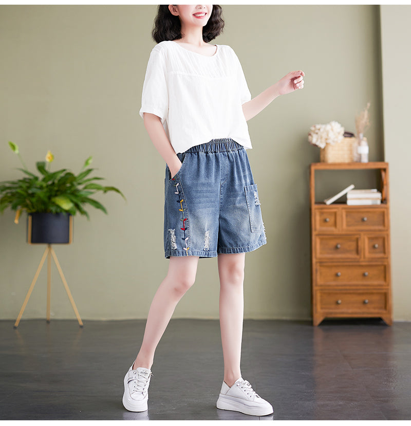 Women's Baggy Pull On Jeans Ripped Denim Shorts - LAI MENG FIVE CATS