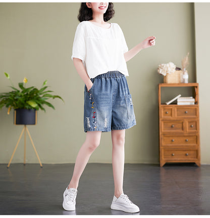 Women's Baggy Pull On Jeans Ripped Denim Shorts - LAI MENG FIVE CATS