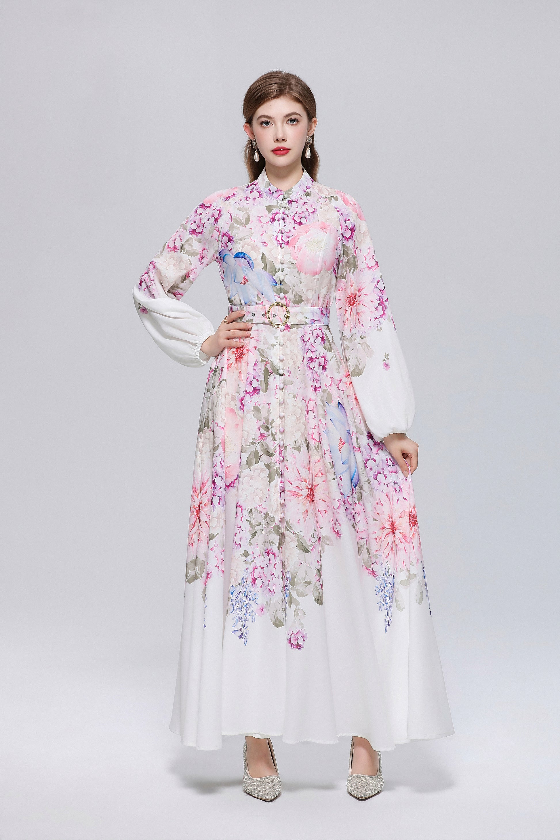 26-Women Floral Print Button Flowy Maxi Belt Dress - LAI MENG FIVE CATS