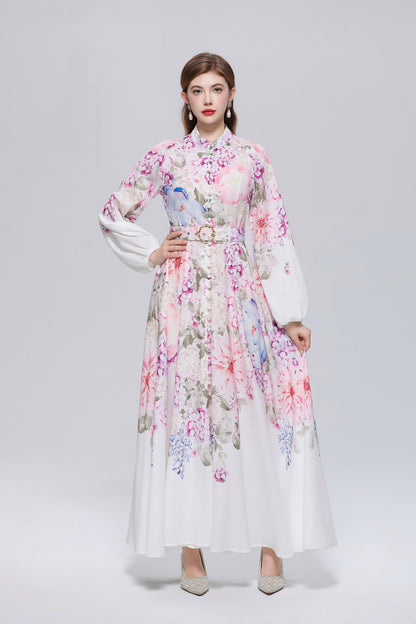 26-Women Floral Print Button Flowy Maxi Belt Dress - LAI MENG FIVE CATS
