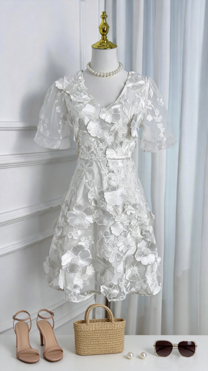 White 3D Floral Embroidered Mesh Mini Dress for Bridal Showers & Special Occasions