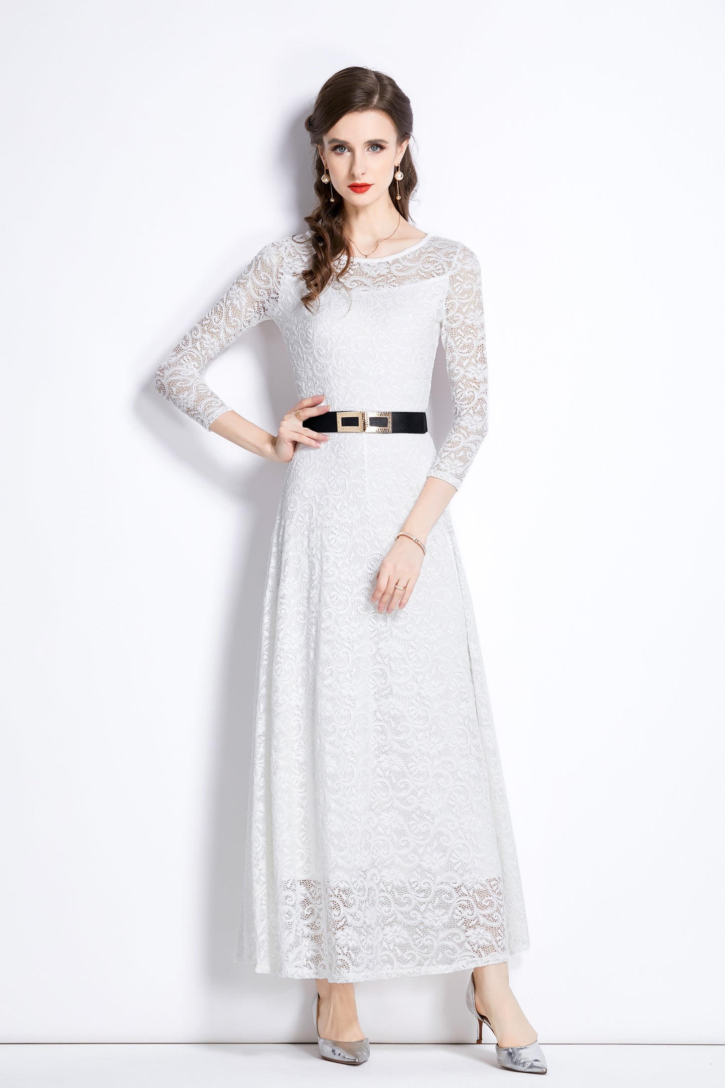 SSY-Women's 3/4 Sleeve Lace Overlay Maxi Dress