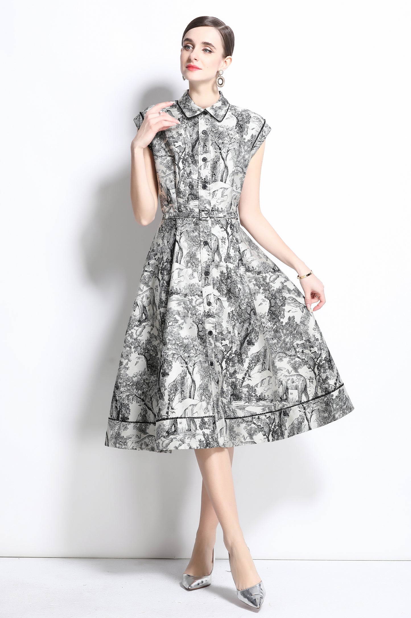 Women's Jacquard Cap Sleeve Button Rockabilly Dress