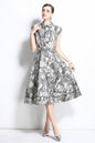 Women's Jacquard Cap Sleeve Button Rockabilly Dress