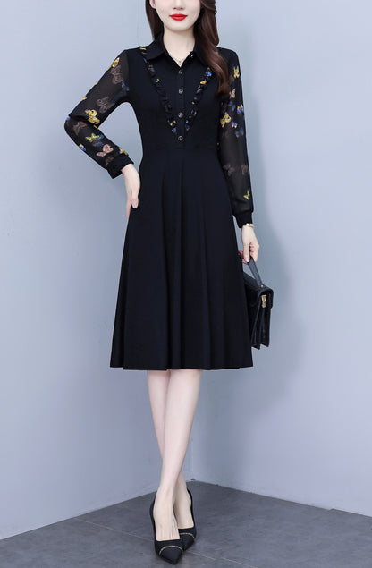 Women's V-Neck Long Sleeve Floral Print Black Dress