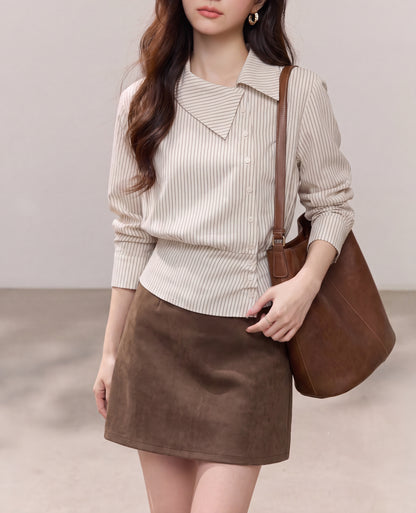 Women’s Pinstripe Asymmetrical Collar Button-Up Shirt