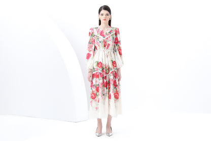 Women's V-Neck Lantern Sleeve Floral Print Maxi Dress