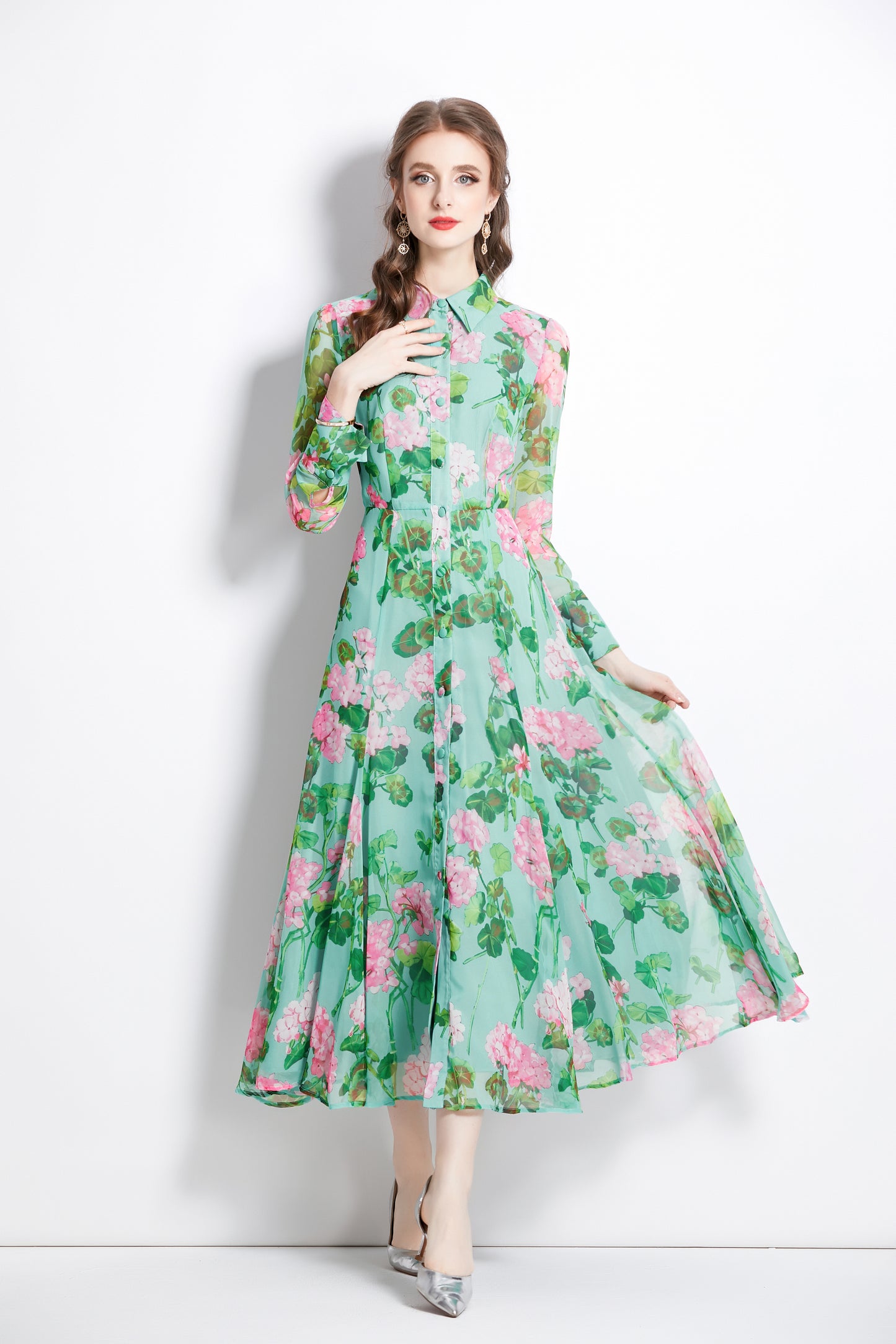 Women's Floral Print Button Up Split Maxi Dress