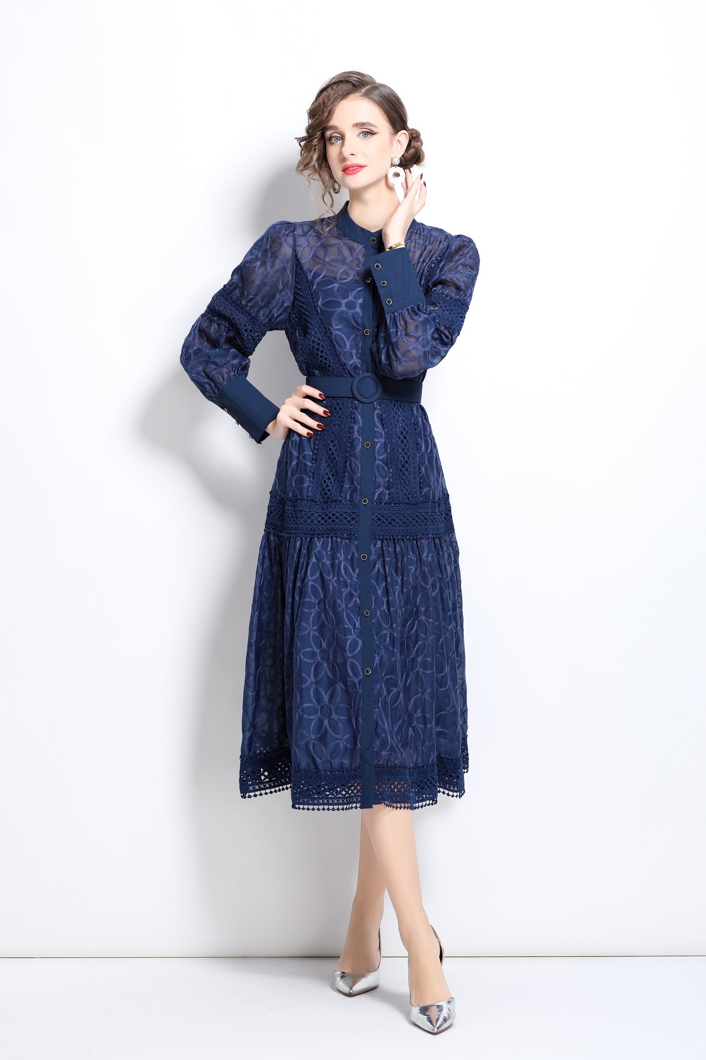 Lantern Sleeves Embroidery Button Midi Dress